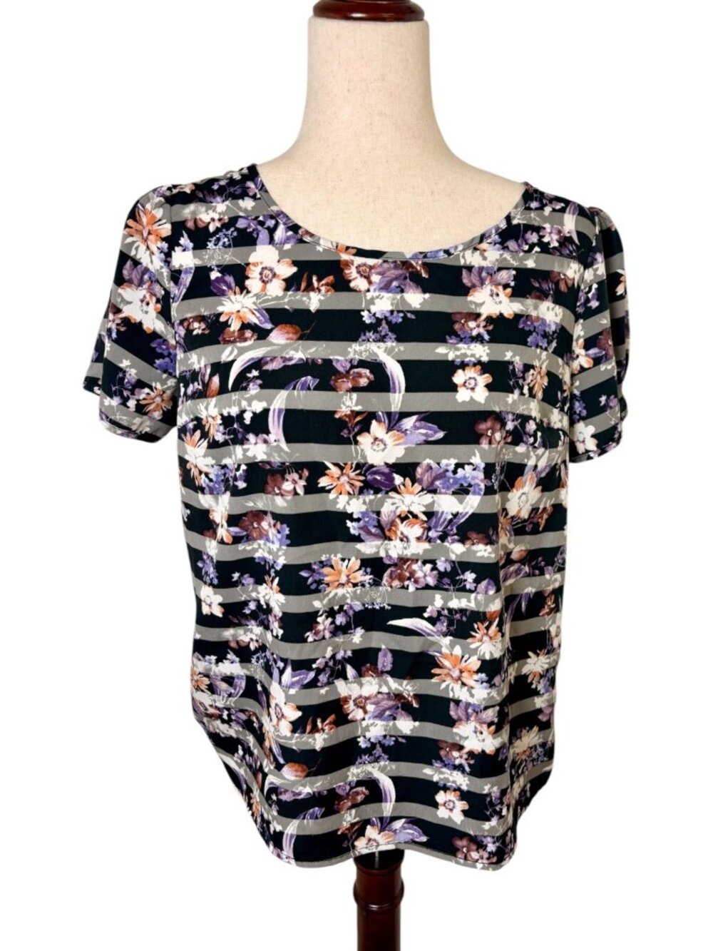 Skies Are Blue Floral Black Purple Striped Short Sleeve Blouse Artsy Size Small